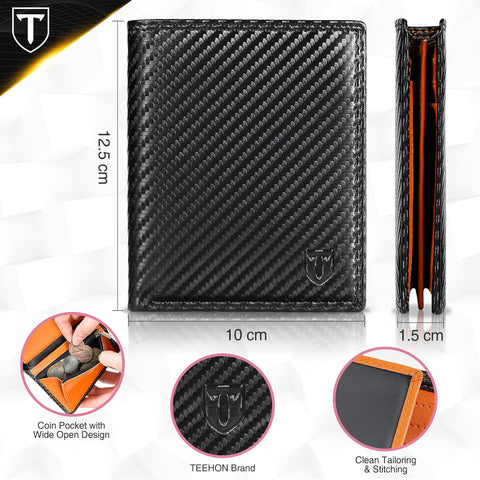 Stylish Carbon Fiber Leather Wallet with RFID Blocking - Black & Orange