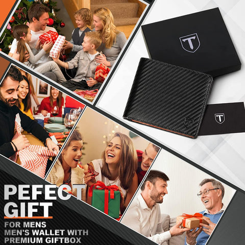 Mens RFID Blocking Trifold Wallet in Black & Orange 9 Card Slots & 2 Banknote Compartments
