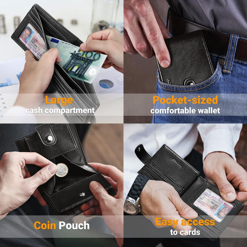 Men's RFID Blocking Leather Wallet with 11 Card Slots, 2 Banknote Compartments, Coin Pocket