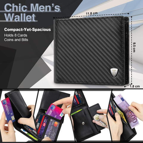 Mens Leather Wallet with RFID Blocking and Coin Pocket, 8 Card Slots