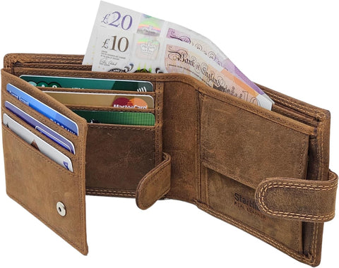 Mens Distressed Brown Leather RFID Blocking Wallet with Coin, ID Holder