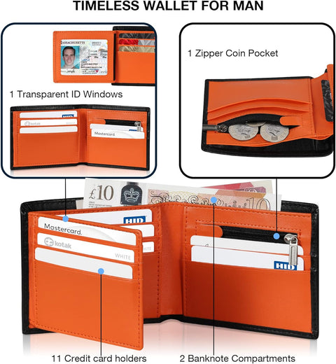 Mens RFID Blocking Orange Leather Wallet with 11 Card Slots, 2 Bill Compartments, Coin Pocket