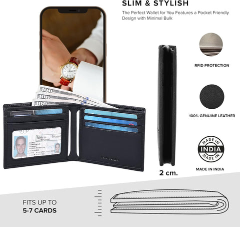 Sleek Leather Wallet with RFID Protection & Gift Box | Stylish Mens Billfold