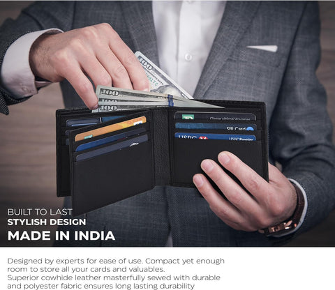 Men's Classic Black Minimalist Bifold Leather Wallet with RFID Protection & 9 Credit Card Slots