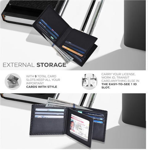 Men's Classic Black Minimalist Bifold Leather Wallet with RFID Protection & 9 Credit Card Slots