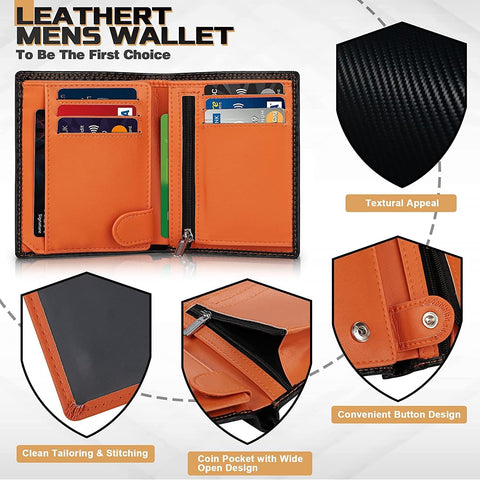 Men's Carbon Fiber Leather RFID Blocking Wallet with Zip Coin Pocket & 11 Card Holders