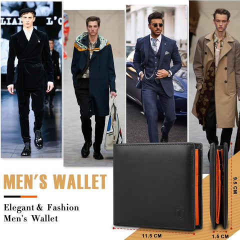 Mens Orange Genuine Leather RFID Blocking Wallet with 11 Card Slots, 2 Banknote Compartments, Coin Pocket
