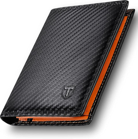 Stylish Carbon Fiber Leather Wallet with RFID Blocking - Black & Orange