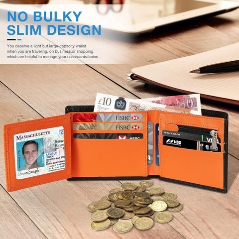 Mens RFID Blocking Orange Leather Wallet with 11 Card Slots, 2 Bill Compartments, Coin Pocket