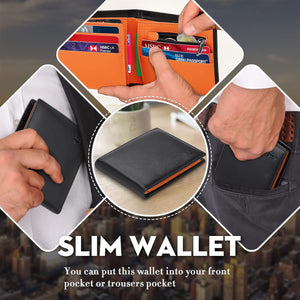 Mens Orange Genuine Leather RFID Blocking Wallet with 11 Card Slots, 2 Banknote Compartments, Coin Pocket