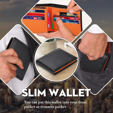 Mens Orange Genuine Leather RFID Blocking Wallet with 11 Card Slots, 2 Banknote Compartments, Coin Pocket