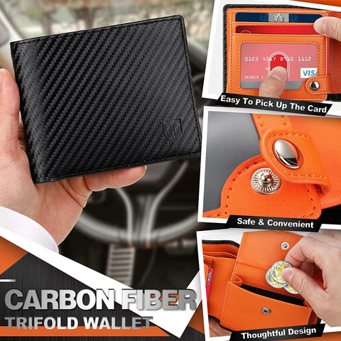 Mens RFID Blocking Trifold Wallet in Black & Orange 9 Card Slots & 2 Banknote Compartments