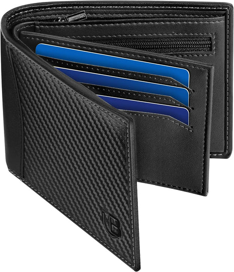 Men's RFID Blocking Leather Bifold Wallet with ID Window Zip Coin Pocket 9 Card Holder