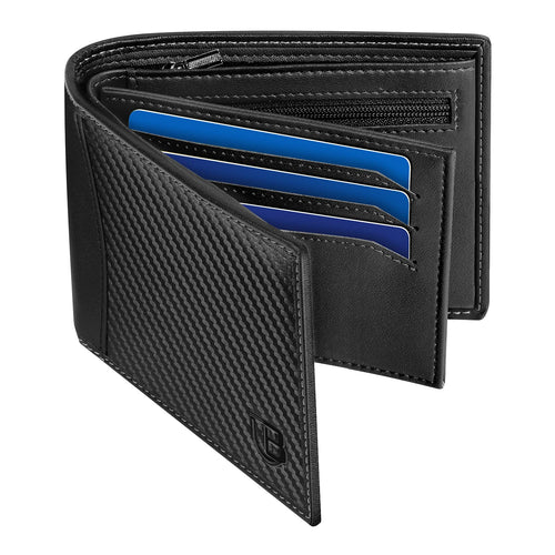 Men's RFID Blocking Leather Bifold Wallet with ID Window Zip Coin Pocket 9 Card Holder