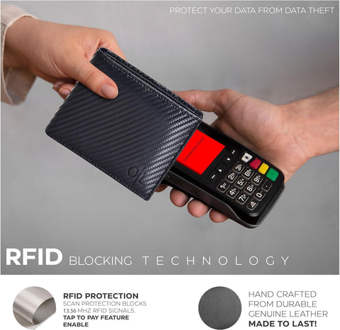 Men's Classic Black Minimalist Bifold Leather Wallet with RFID Protection & 9 Credit Card Slots