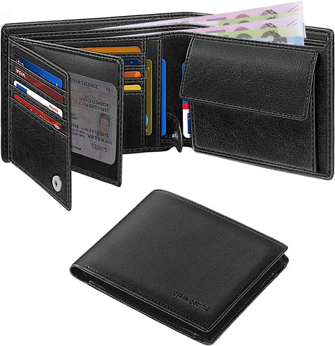 Mens Stylish RFID Blocking Leather Wallet with Ample Card Slots & Gift Box & 2 ID Window