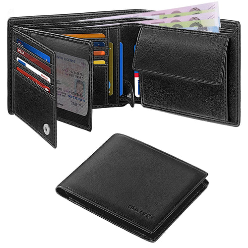 Mens Stylish RFID Blocking Leather Wallet with Ample Card Slots & Gift Box & 2 ID Window