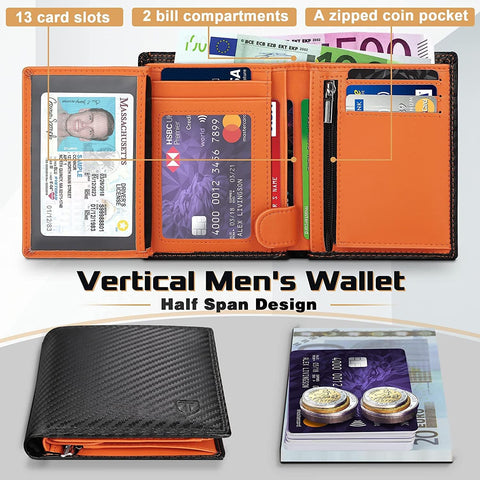 Men's Carbon Fiber Leather RFID Blocking Wallet with Zip Coin Pocket & 11 Card Holders