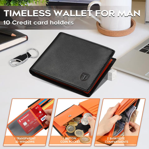Mens RFID Blocking Orange Leather Wallet with Coin Pocket & Key Holder, 10 Card Slots