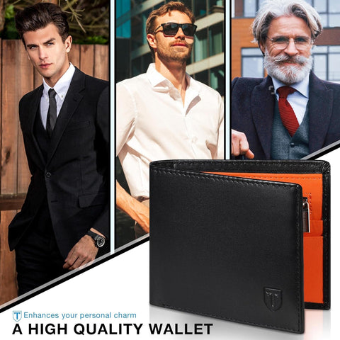 Mens RFID Blocking Orange Leather Wallet with 11 Card Slots, 2 Bill Compartments, Coin Pocket