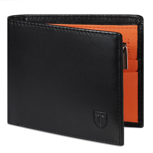 Mens RFID Blocking Orange Leather Wallet with 11 Card Slots, 2 Bill Compartments, Coin Pocket