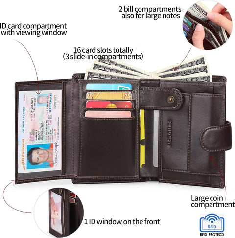 Multifunctional Men's RFID Blocking Leather Wallet with Trifold Design - Brown