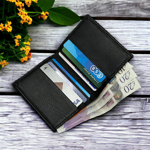 RAS Men's Compact Black Leather RFID Wallet with Card Slots and Cash Pocket