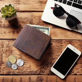 Mens Slim Stylish RFID Full Grain Buffalo Leather Wallet with Gift Box