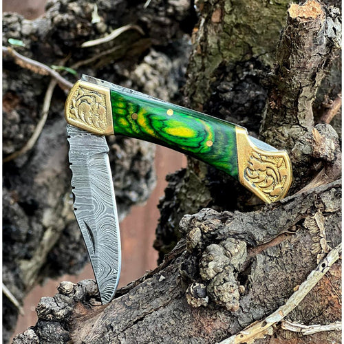 Handmade Stamina Wood Engraved Brass Green Damascus Steel Pocket Folding Knife