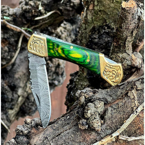 Handmade Stamina Wood Engraved Brass Green Damascus Steel Pocket Folding Knife