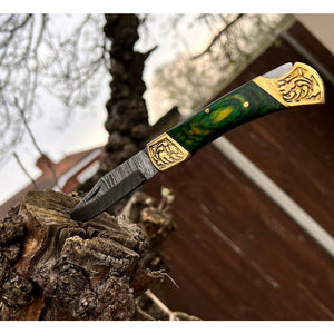 Handmade Stamina Wood Engraved Brass Green Damascus Steel Pocket Folding Knife