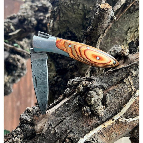 Handmade Natural Stamina Wood Damascus Pocket Folding Knife