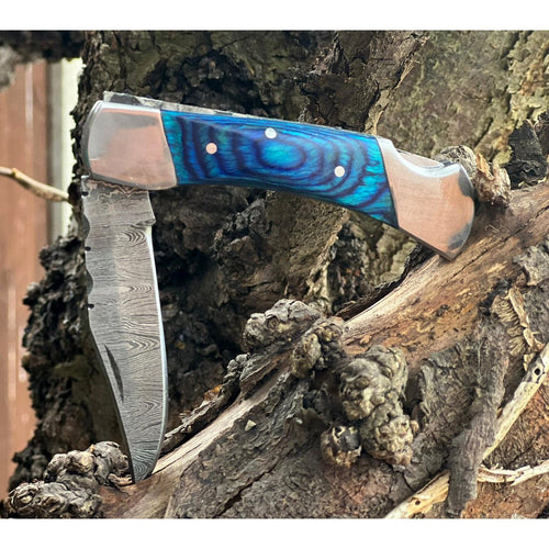 Handmade Ocean Blue Damascus Steel Pocket Folding Knife