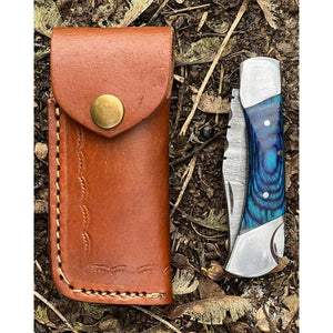 Handmade Ocean Blue Damascus Steel Pocket Folding Knife