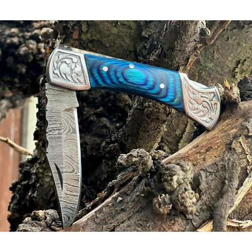 Handmade Blue Aztec Damascus Engraved Steel Pocket Folding Knife