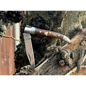 Handmade Rosewood Brass and Steel Damascus Pocket Folding Knife
