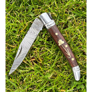 Handmade Rosewood Brass and Steel Damascus Pocket Folding Knife