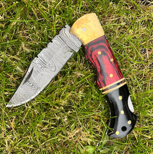 Handmade Red Aztec Damascus Black Horn and Brass Pocket Folding Knife