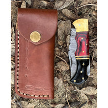 Load image into Gallery viewer, Handmade Red Aztec Damascus Black Horn and Brass Pocket Folding Knife