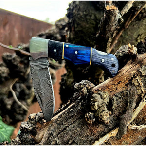 Blue and Grey Damascus Handmade Steel Pocket Folding Knife
