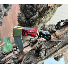 Load image into Gallery viewer, Handmade Red Aztec Damascus Black Horn and Brass Pocket Folding Knife