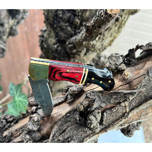 Handmade Red Aztec Damascus Black Horn and Brass Pocket Folding Knife