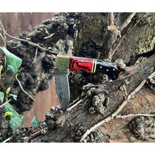 Load image into Gallery viewer, Handmade Red Aztec Damascus Black Horn and Brass Pocket Folding Knife