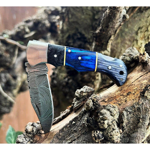 Blue and Grey Damascus Handmade Steel Pocket Folding Knife