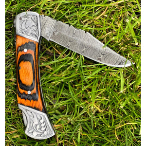 Handmade Orange Aztec Damascus Engraved Steel Pocket Folding Knife