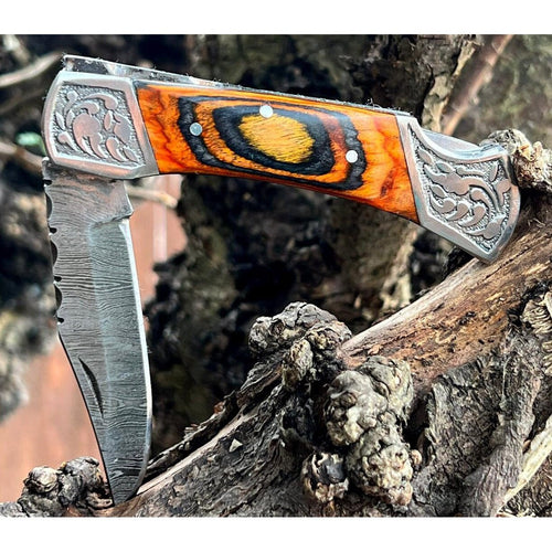Handmade Orange Aztec Damascus Engraved Steel Pocket Folding Knife