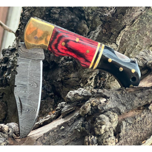 Handmade Red Aztec Damascus Black Horn and Brass Pocket Folding Knife