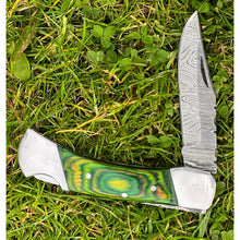 Load image into Gallery viewer, Handmade Aztec Green Black Damascus Steel Pocket Folding Knife