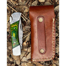 Load image into Gallery viewer, Handmade Aztec Green Black Damascus Steel Pocket Folding Knife
