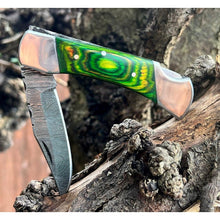 Load image into Gallery viewer, Handmade Aztec Green Black Damascus Steel Pocket Folding Knife